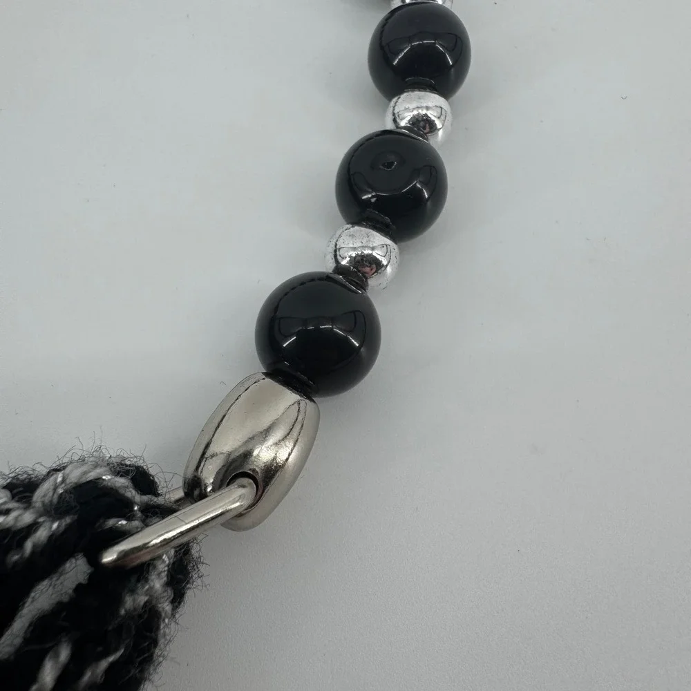 Black & White Crochet Beaded Handle Purse Ribbon‎ Detail Handbag Evening Bag
